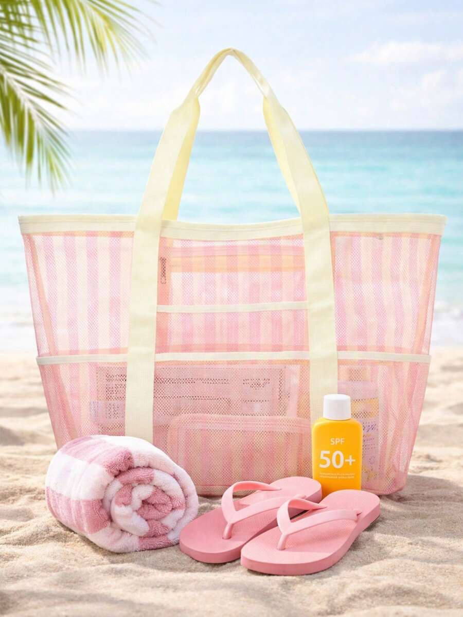 Hollow Polyester Mesh Large Capacity Beach Bag, Travel Laundry Bag, Swimming Storage Bag, Minimalist Mesh Beach Bag, Mother's Day Gift For Mom - Pink - View 1