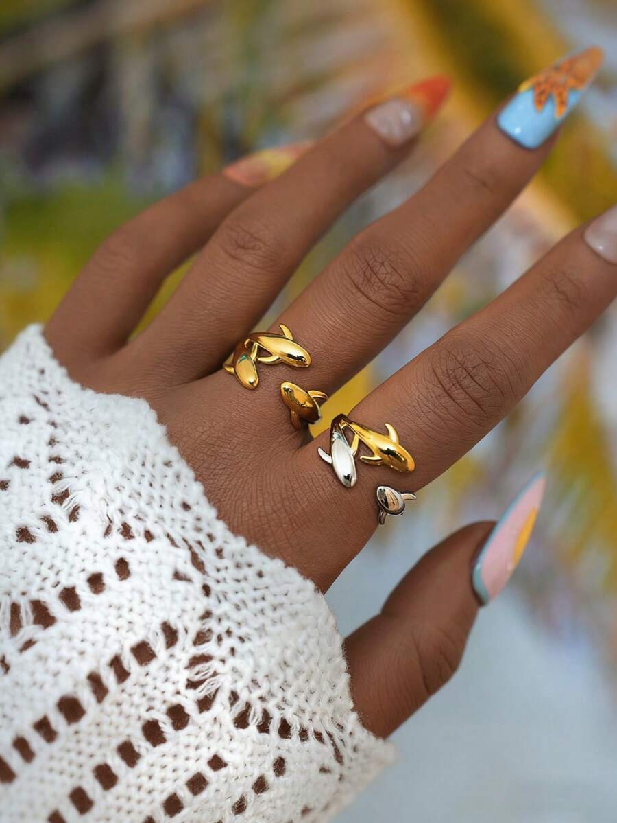 Bộ 2 nhẫn hình cá heo mạ vàng 18K, thép không gỉ 304, hai tông màu, được đánh bóng, kiểu dáng đại dương thời trang, có thể xếp chồng lên nhau, quà tặng cho phụ nữ dự tiệc bãi biển.