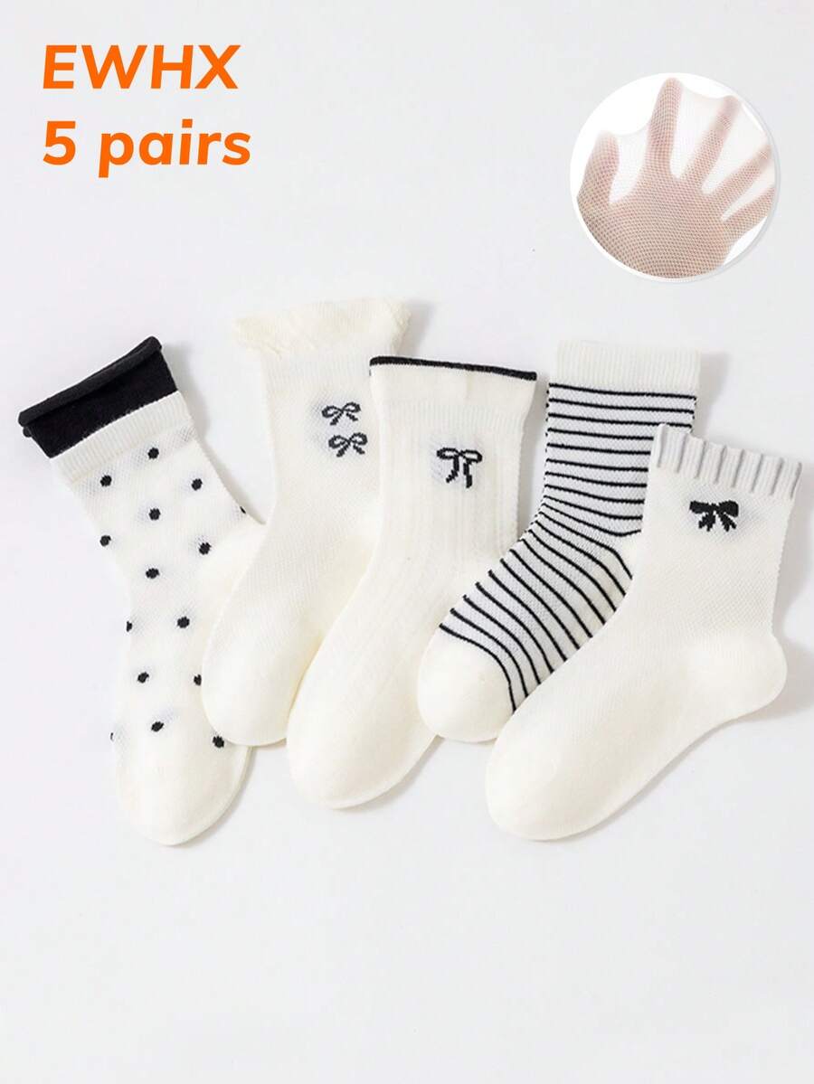 5双春夏薄款公主网眼女童袜，黑白蝴蝶结、条纹、波点中筒袜，透气时尚百搭 - 彩色 - 查看 1