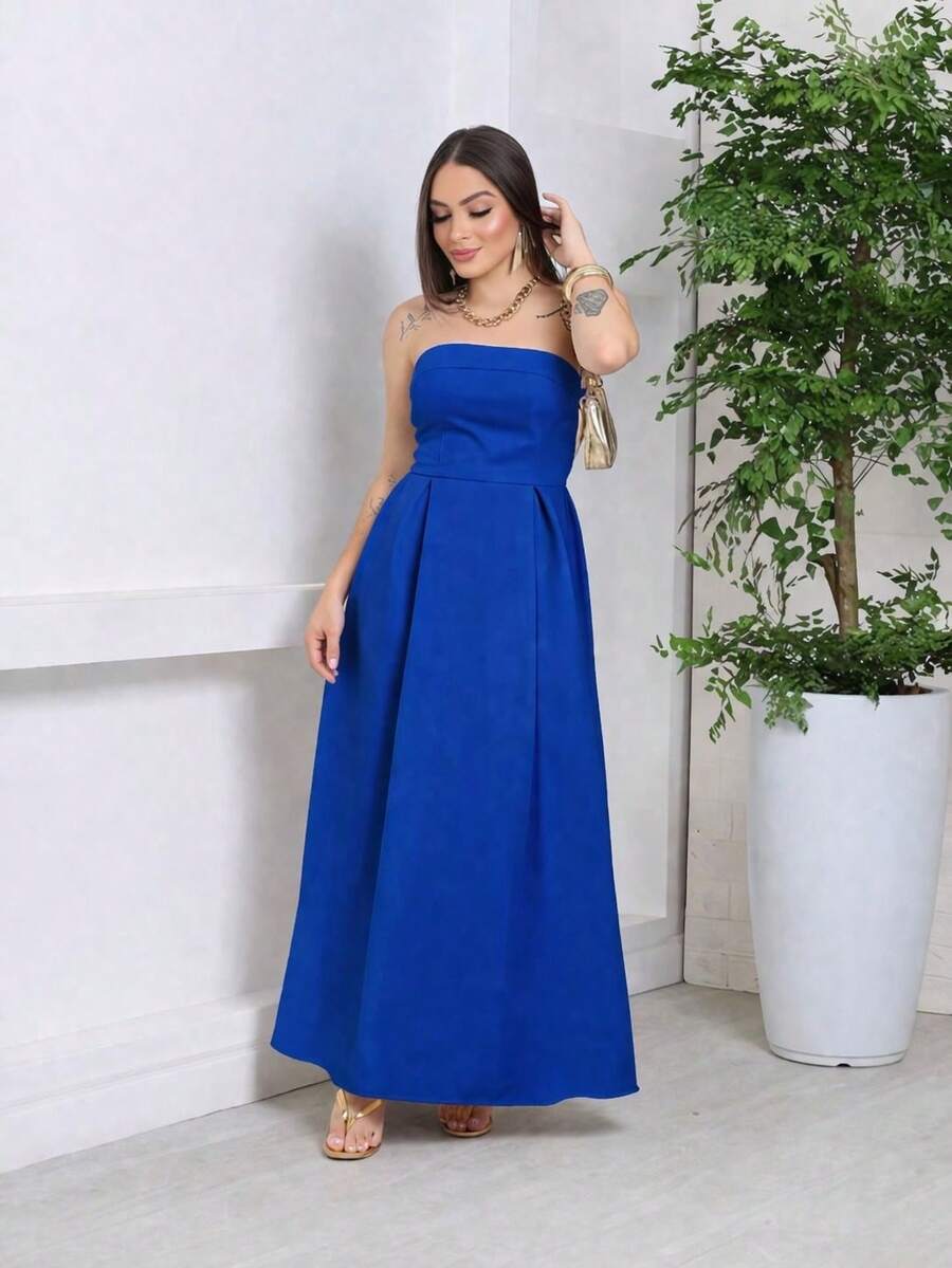 Elegant Strapless Tailored Dress - 寶藍色 - 查看 1