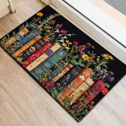 1pc Washable Non-Slip Book & Flower Faux Wool Rug, Easy Cleaning, Black Background With Contrasting Book And Flower Design, Simple Yet Visually Impactful, Suitable For Indoor/Outdoor, Living Room, Bedroom, Dining Room, Adds Artistic Touch To Home, Daily Use
