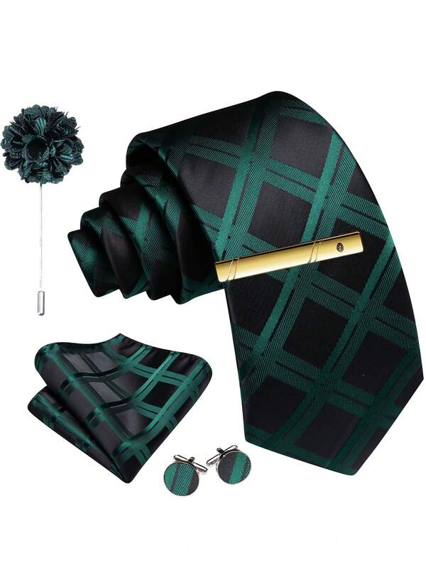 男士绿黑格纹几何领带套装 – 含配套口袋巾、袖扣和金色领带夹，以及胸花，时尚正式商务领带