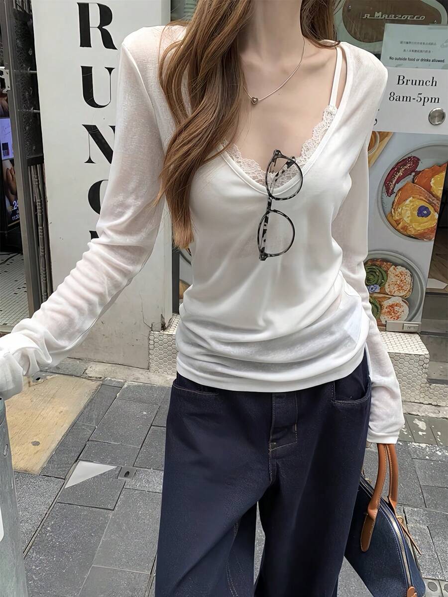 女士V领长袖T恤,多功能防晒,适合春夏穿着,白色 - 白色 - 查看 1