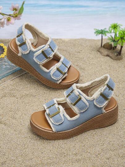 1 đôi sandal cao gót mùa hè cho bé gái, sandal La Mã màu trơn thời trang, sandal đế xuồng tối giản, đế dày, thoải mái cho bé gái đi biển, nghỉ mát hàng ngày.