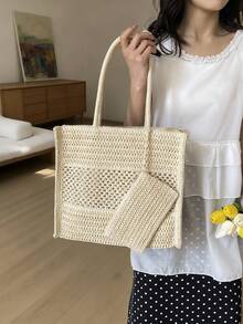 Handmade Woven Straw Large Summer Beach Tote Bag With Small Pouch For Women - White - View 1
