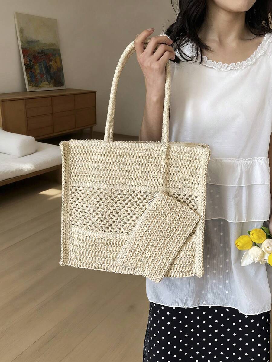 Handmade Woven Straw Large Summer Beach Tote Bag With Small Pouch For Women - White - View 1