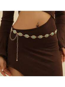 Vintage Punk Style Hollow Flower Waist Chain For Women, Fashion Retro Waist Decorative Chain, Suitable For Beach, Diamond Pattern, Zinc Alloy Material, Retro Punk Style, Spring/Summer/Autumn/Winter Fall, Autumn, Halloween - Ancient Gold - View 10