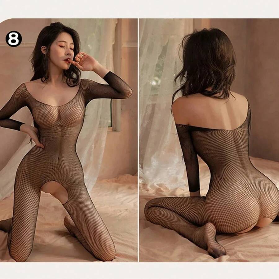 Crotchless Lace Stockings Women Floral Fishnet Bodysuit Lingerie Date Nightwear Underwear Sheer Mesh Thigh Highs With Elastic Waistband Comfortable Stretch Fabric BBIH - 7003 - Xem 1