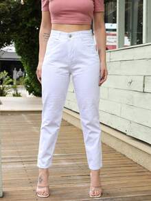 Women's Mom Jeans With Folded Hem, High Waist, No Lycra - 白色 - 查看 2