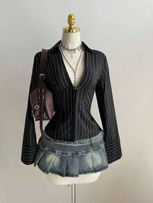 1pc Black V-Neck Striped Collar Slim Fit Button-Up Long Sleeve Sexy Blouse For Commute & Daily Wear, Winter - Black - View 8