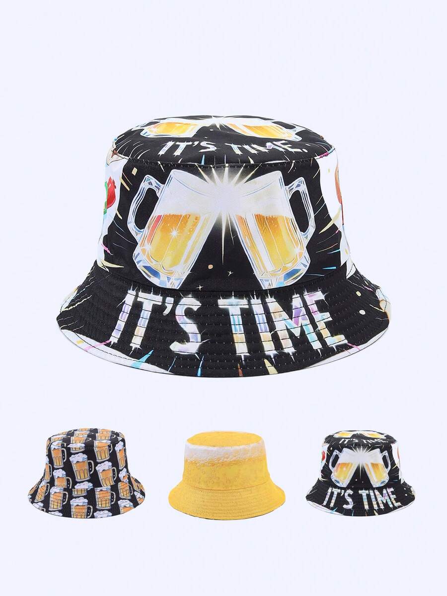 1pc Men's Fashionable Beer Digital Print Reversible Bucket Hat, Suitable For Beer Festival And Daily Wear - A - View 1