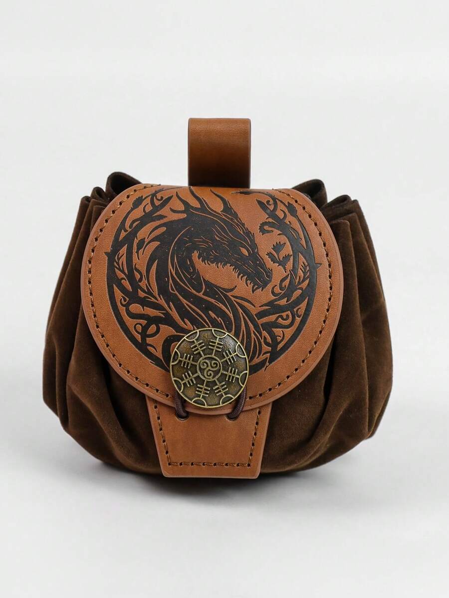 1pc Celtic Dragon Pattern PU Leather Drawstring Coin Pouch, Nordic Rune Bag, Medieval LARP Costume Accessory - ZSJ - View 1