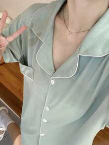 2 件套女士薄荷绿色宽松短款睡衣套装，适合家居服，两件套 - 薄荷綠 - 查看 5