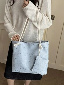 2个装女士纯色刺绣时尚大容量单肩手提包，休闲斜挎包，优雅女士手提包，适合携带平板电脑、钱包、手机、化妆品，非常适合办公、通勤、购物、旅行、摄影，也是送给女朋友、妈妈、女儿的绝佳礼物。 - 藍色 - 查看 3