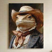 Framed 1 pieza, con marco,  [2D plano] Impresión en lienzo de arte de vaquero lagarto peculiar, retrato divertido de reptil, arte de pared de animal elegante, decoración de pared de iguana, 2D plano - Enmarcado - Ver 6