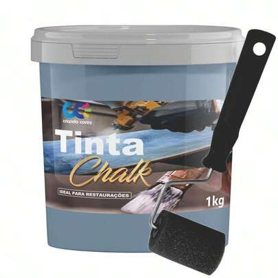Tinta para Chalk 1Kg Base Água com Rolinho de 5cm Universal Restauração para Madeira MDF Azulejo Alumínio Cerâmica Ferro Móveis Plástico Metal Vidro Portão Restauradora
