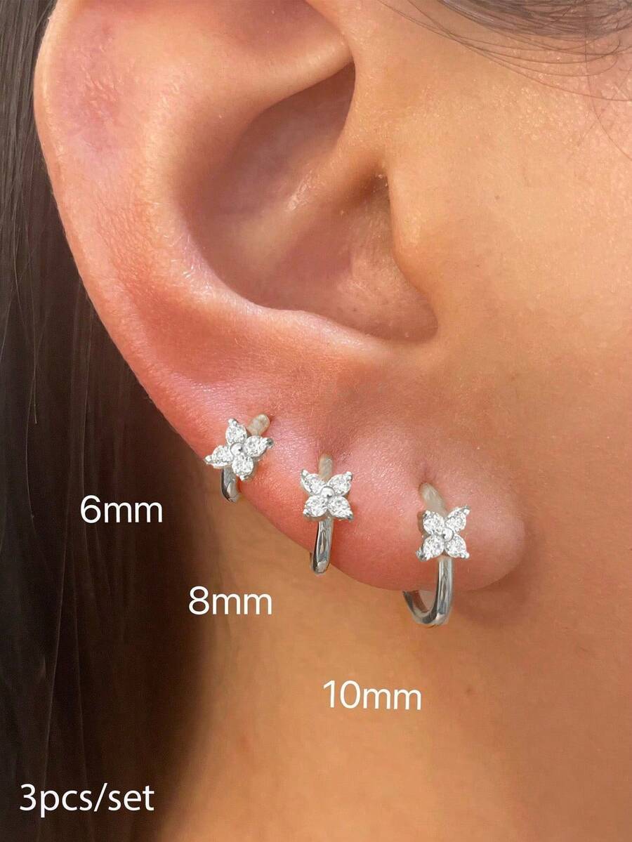 Bộ 3 khuyên tai nhỏ nhắn, tinh tế, mạ vàng 14K, hình hoa, làm từ thép không gỉ, phù hợp với các vị trí xỏ khuyên sụn tai, vành tai, bình tai, đính đá Cubic Zirconia lấp lánh, món quà trang sức thanh lịch. - Bạc-1# - Xem 1