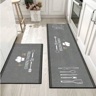 Thảm bếp thấm hút dày 3.5mm, kích thước lớn hoặc nhỏ, phong cách tối giản hiện đại, trang trí nhà bếp vẽ tay, màu đen trắng xám độ bão hòa thấp, họa tiết mũ đầu bếp, thìa, dao, có thể tự cắt cho vừa với diện tích bếp, chất liệu vải bề mặt, lớp xốp ở giữa, lớp cao su dưới cùng, thích hợp cho nhà bếp, phòng khách, phòng ngủ, phòng trẻ em, lót chuột, phòng tắm, lối vào, ngoài trời, ban công, hành lang và các không gian khác trong nhà.