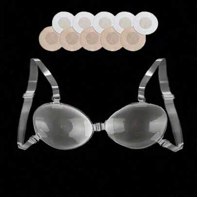 1 Pair Reusable Transparent Silicone Wireless Bra - Strapless Lift-Up Bra With 10 Circular Non-Woven Breast Pads, Suitable For Strapless/Backless Dresses, Bikinis, Deep V-Neck And Low-Cut Designs