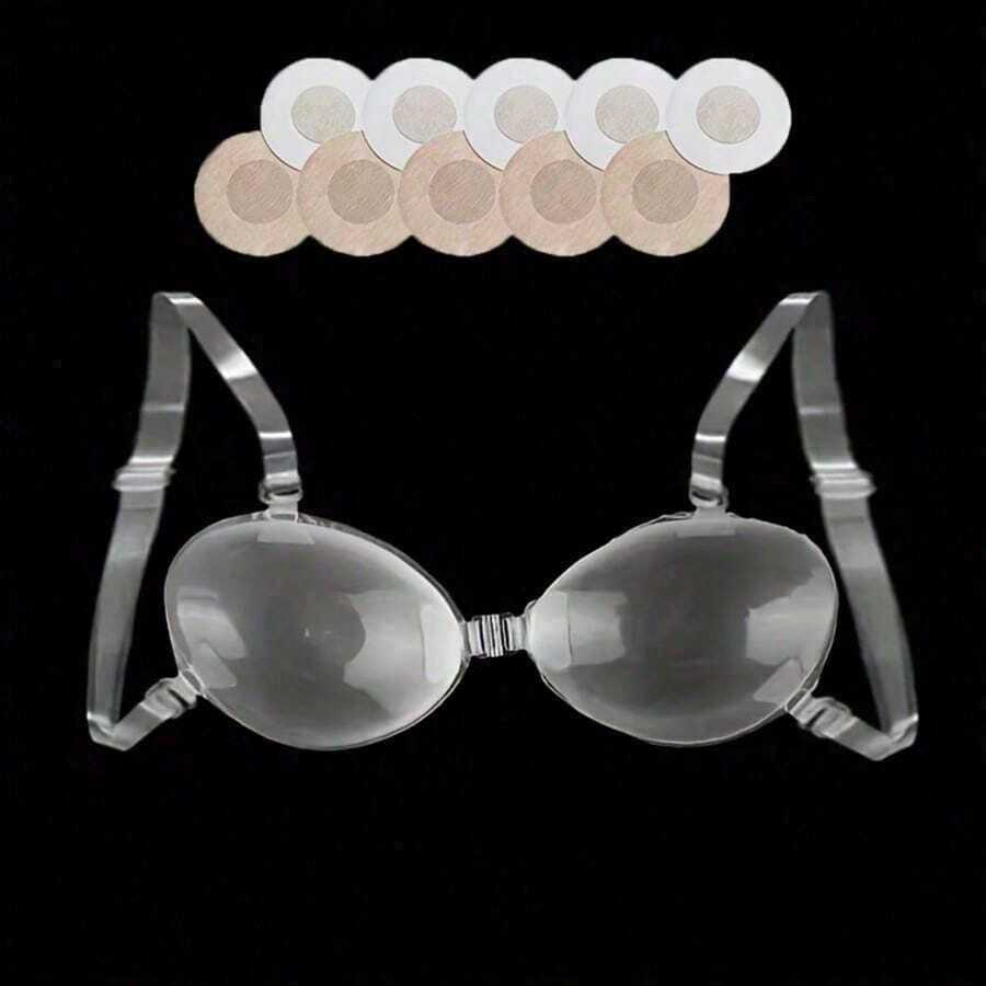 1 Pair Reusable Transparent Silicone Wireless Bra - Strapless Lift-Up Bra With 10 Circular Non-Woven Breast Pads, Suitable For Strapless/Backless Dresses, Bikinis, Deep V-Neck And Low-Cut Designs - Multicolor - View 1