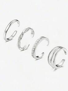 Bộ 4 nhẫn ngón chân, mạ vàng trắng, nhẫn ngón chân đơn giản kiểu ôm sát ngón chân, đính đá Cubic Zirconia, xoắn ba lớp, trang sức chân đi biển, có thể điều chỉnh kích cỡ. - Bộ 4 vòng chân - Xem 5