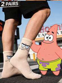SpongeBob SquarePants 2双男女通用卡通袜子，休闲中筒袜，适合春夏穿着 - 彩色 - 查看 2