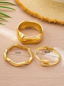 3pcs/Set Minimalist Gold-Tone Asymmetrical Water Drop Thick Textured Bangle Bracelet Set, Suitable For Women, Chunky Smooth Matte Heavy Metal & Zinc Alloy Material - Yellow Gold - View 3