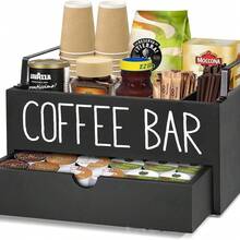 1/2 Estante de almacenamiento para estación de café, caja de almacenamiento de accesorios de barra de café de madera con cajones, caja de almacenamiento de cápsulas de café estilo granja con asa, adecuado para estante de almacenamiento de oficina en el hogar y mostrador de barra de café - Multicolor - Ver 9