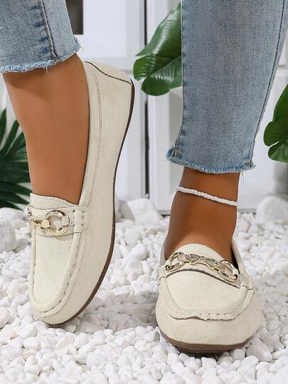Women's Summer New Flat Loafers, Metal Buckle Decor, Fashion Versatile Slip-On, Comfortable For Casual, Travel, Vacation Wear