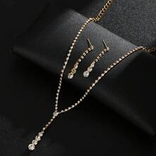 3pcs Minimalist Rhinestone Jewelry Set, Including Earrings And Necklace, Wedding Accessories, Silver-Plated,Summer,Jewellery,Festival,Accessories - Gold - View 3