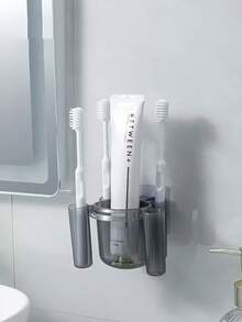 1pc Plastic 5-Slot Toothbrush Holder With Cover, Wall-Mounted Toothbrush Storage Rack Self-Adhesive No Drilling Toothbrush Organizer Box For Toothpaste And Bathroom - Multicolor - View 4