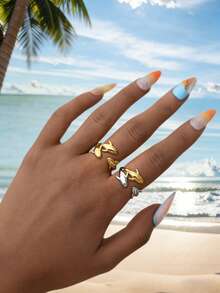 Uself 2pcs/1pc 18K Gold Plated 304 Stainless Steel Dual-Tone Polished Dolphin Ring Set, Fashion Ocean Style Stackable Rings, Gift For Women Beach Party - Multicolor - View 3