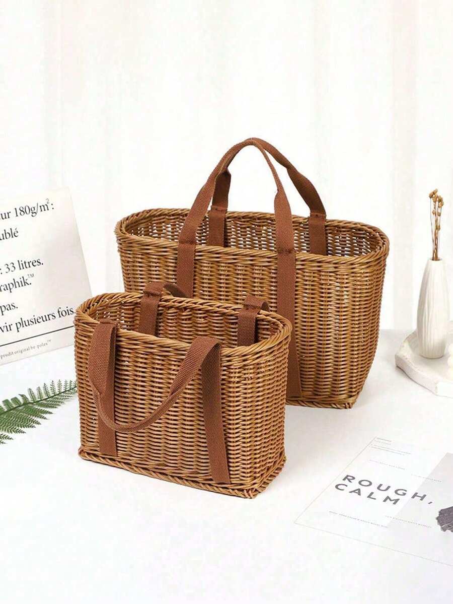 Woven Picnic Basket, Multi-Functional Wicker Basket, Handheld Storage Basket, Rural Living Shopping Organizer - Brown - View 1