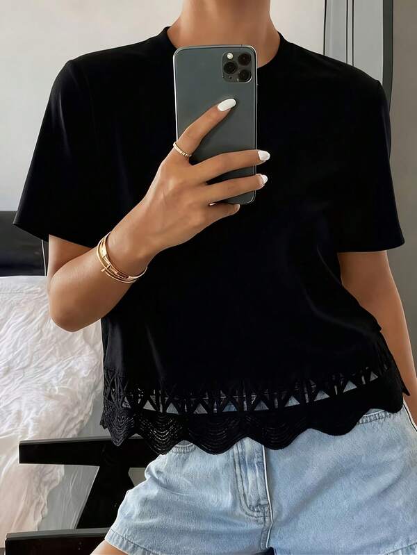 Women's Lace Patchwork Round Neck Short Sleeve T-Shirt Summer Casual Top Black