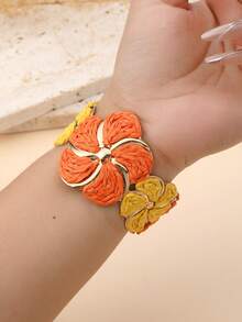 1 pieza Brazalete de flores de ratán estilo vacaciones, brazalete de flores de metal de color contrastante, accesorio de nicho para vacaciones en la playa, fiesta de verano, reunión con amigos, uso diario, estilo retro - Naranja - Ver 8