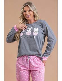 Pijama Longo Feminino Inverno Adulto Calça - Gatinhas Na Xícara - Cinza - Visão 2
