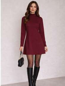 Premium Suedine Short Dress With High Ribbed Neck And Long Sleeves, Simple Fitted A-Line Style, Solid Color, Elegant, Autumn/Winter Fashion. - Redwood - View 4