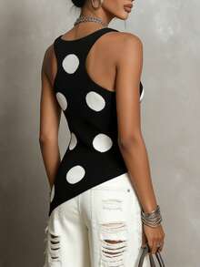 Top sin mangas de punto con lunares negros, cuello en V asimétrico con dobladillo acanalado, elegante y casual para verano, primavera y fiestas de vacaciones - Blanco y Negro - Ver 5
