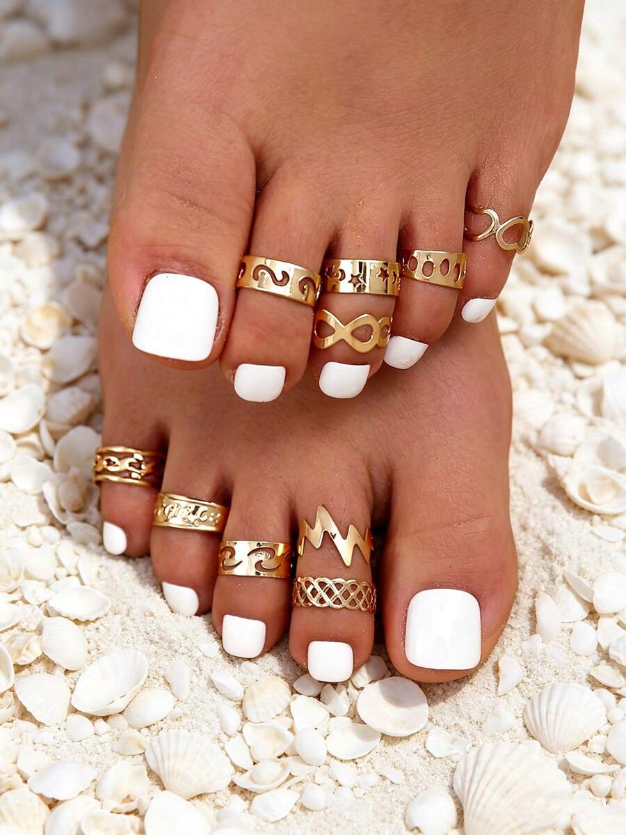 Bộ 10 chiếc nhẫn đeo ngón chân bằng kim loại kiểu Bohemian, hình trái tim rỗng, chạm khắc họa tiết hình học, thích hợp cho kỳ nghỉ biển. - Vàng - Xem 1