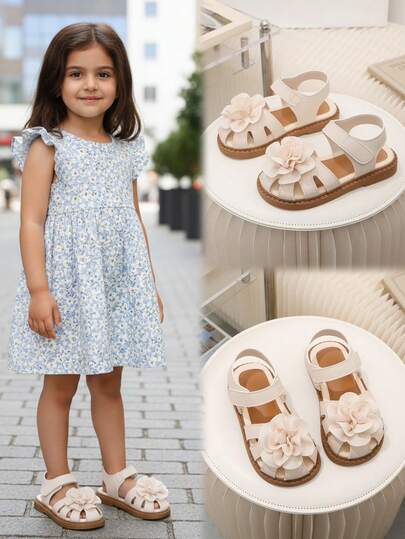 Nuevas sandalias planas beige para niñas, adecuadas para primavera y verano, con decoración floral 3D, de punta cerrada, antideslizantes, con , aptas para la escuela, el jardín de infantes, la playa y fiestas