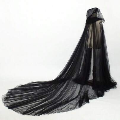 1pc Halloween Vintage Solid Color Hooded Mesh Cape, Vampire Bride Cloak, Black/Red/White, Long Style For Women