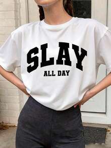 Teenage Girls' Cartoon Slogan & Letter Print Round Neck T-Shirt, Casual Soft Top For Spring/Summer - White - View 4