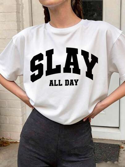 Teenage Girls' Cartoon Slogan & Letter Print Round Neck T-Shirt, Casual Soft Top For Spring/Summer