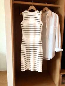 女士新款条纹印花圆领修身无袖连衣裙，适合春夏及度假穿着 - 白色 - 查看 3