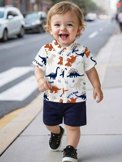 2pcs Toddler Boys' Summer Short Sleeve Shirt And Shorts Set, Cartoon Dinosaur Print Outfit, Dinosaur Graphic Tee + Loose Fit Shorts, Breathable & Wrinkle-Resistant, Suitable For School, Outdoor, Daily Wear