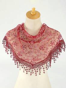 1pc Women's Fashion Floral Lace Triangular Scarf/Headscarf,Beach,Holiday - Burgundy - View 3