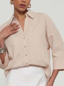 Women's Casual Loose Fit Turndown Collar Blouse, Spring/Summer - Light Khaki - View 7