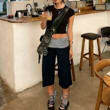 Women's Striped Fold Over Waist Capri Pants, High Waist Wide Leg Cropped Casual Pants, Y2K Retro Comfy Loungewear Daily Streetwear Bottoms For Ladies - 藏蓝色 - 查看 3