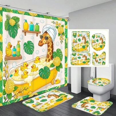 Bộ 1/4 rèm tắm đa năng họa tiết hươu cao cổ, kèm 12 móc treo miễn phí, tạo không gian nghỉ dưỡng trang nhã, thảm phòng tắm, thảm chữ U và thảm tròn cho bồn cầu, phù hợp với mọi phong cách trang trí phòng tắm.