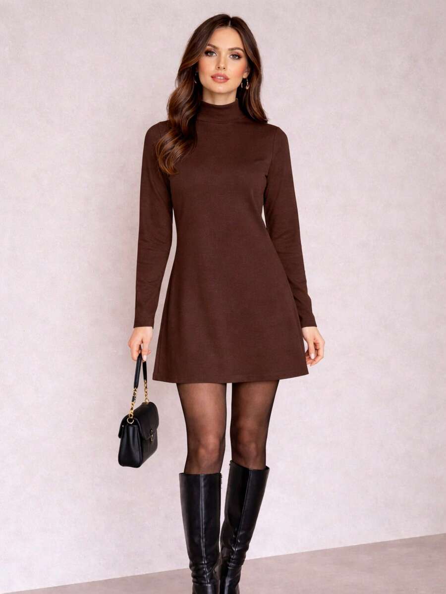 Premium Suedine Short Dress With High Ribbed Neck And Long Sleeves, Simple Fitted A-Line Style, Solid Color, Elegant, Autumn/Winter Fashion. - Rust Brown - View 1